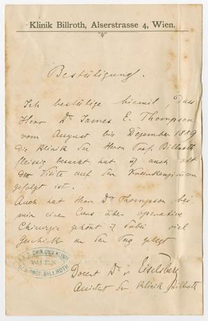 Primary view of object titled '[Testimonial for James E. Thompson by Dr. A. Eiselberg]'.