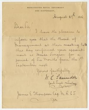 Primary view of object titled '[Letter from W.L. Launder to James E. Thompson - August 27, 1886]'.