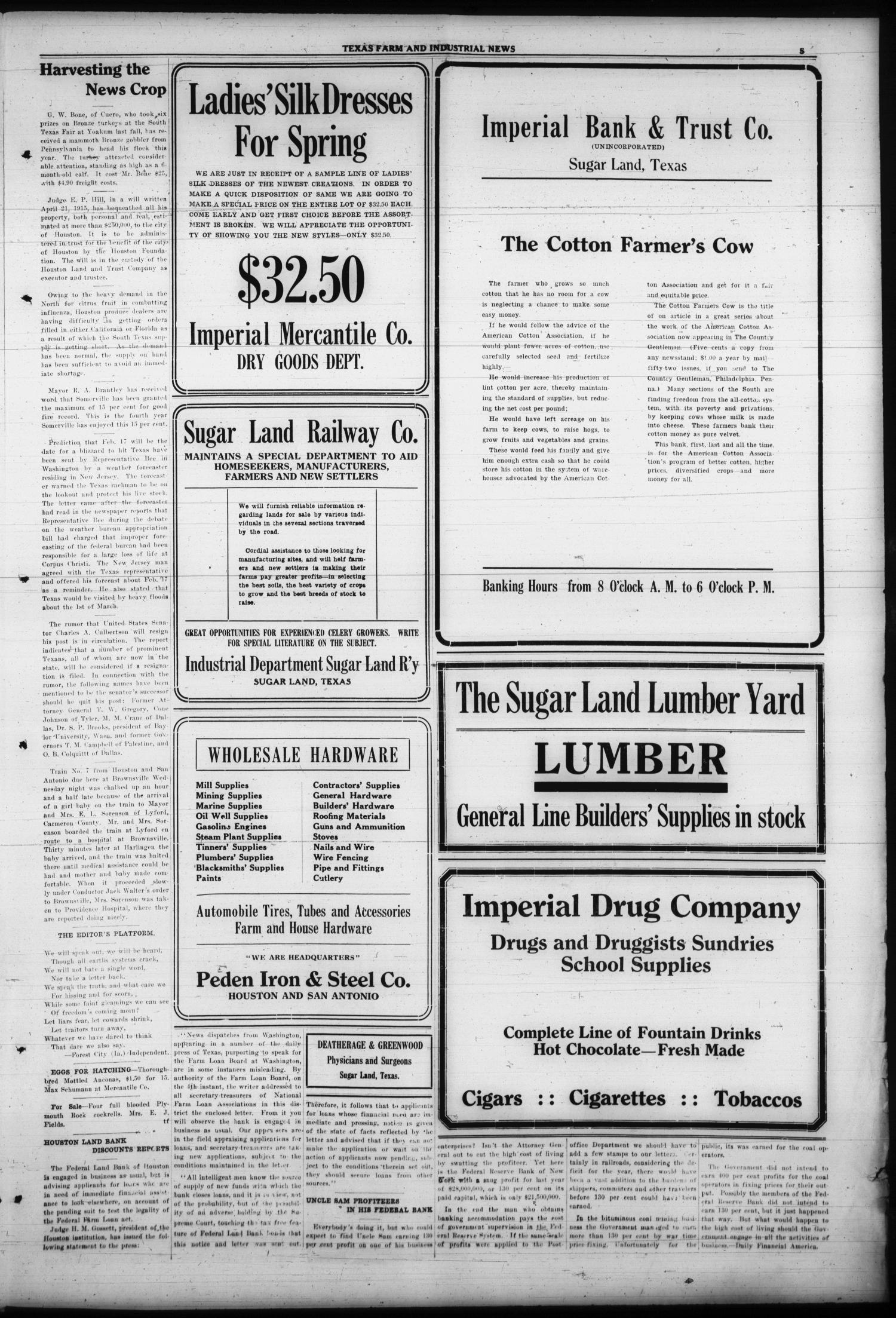 Texas Farm and Industrial News (Sugar Land, Tex.), Vol. 8, No. 18, Ed. 1 Friday, February 20, 1920
                                                
                                                    [Sequence #]: 5 of 8
                                                