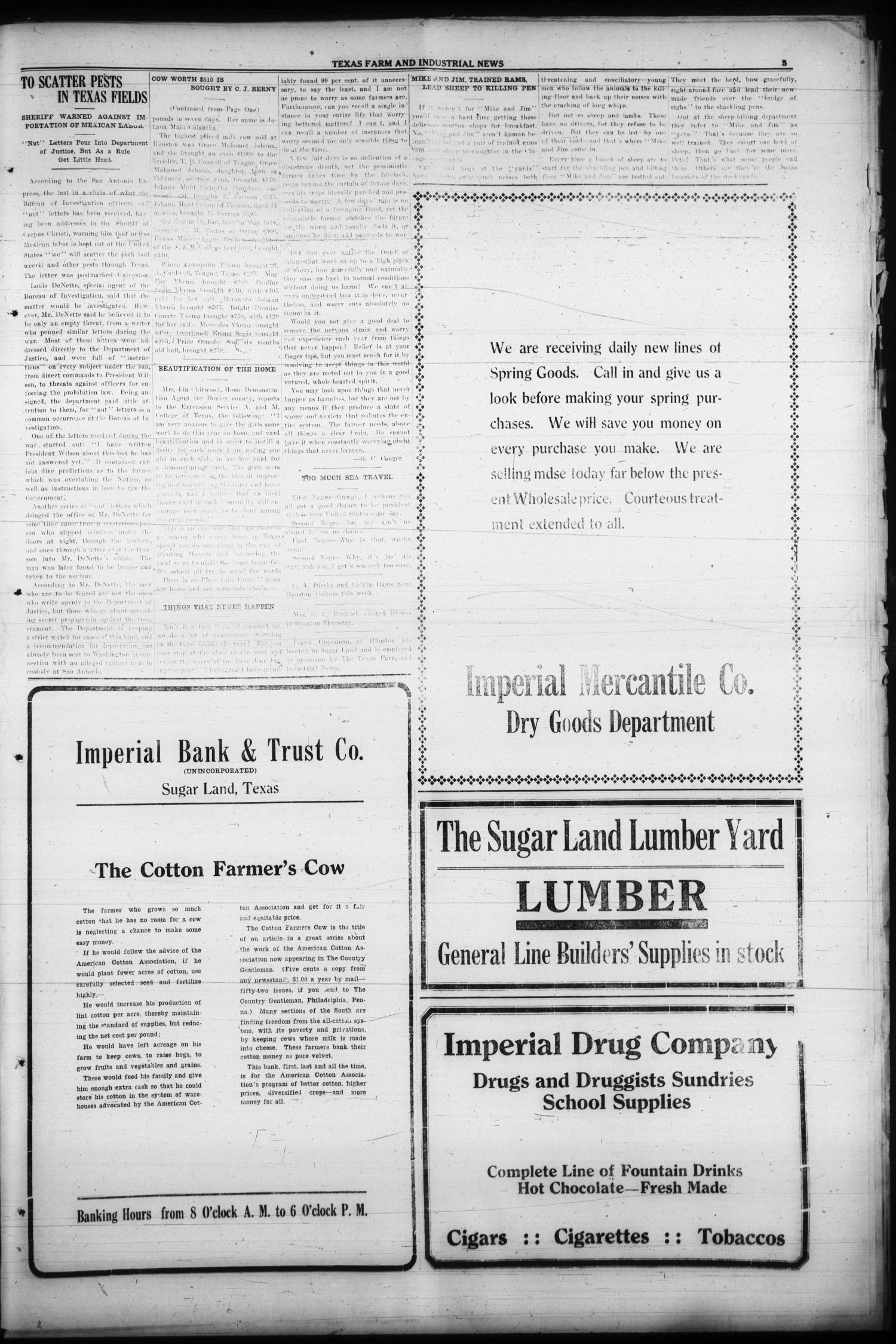 Texas Farm and Industrial News (Sugar Land, Tex.), Vol. 8, No. 22, Ed. 1 Friday, March 19, 1920
                                                
                                                    [Sequence #]: 5 of 14
                                                