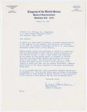 Primary view of object titled '[Letter from Representative Omar Burleson to Colonel E. P. Fleming, Jr., August 25, 1967]'.