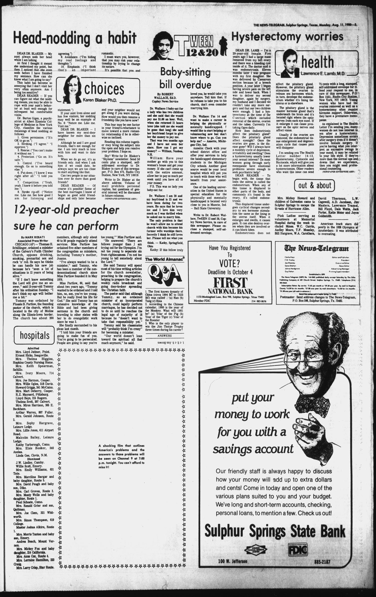 Sulphur Springs News-Telegram (Sulphur Springs, Tex.), Vol. 102, No. 190, Ed. 1 Monday, August 11, 1980
                                                
                                                    [Sequence #]: 3 of 10
                                                