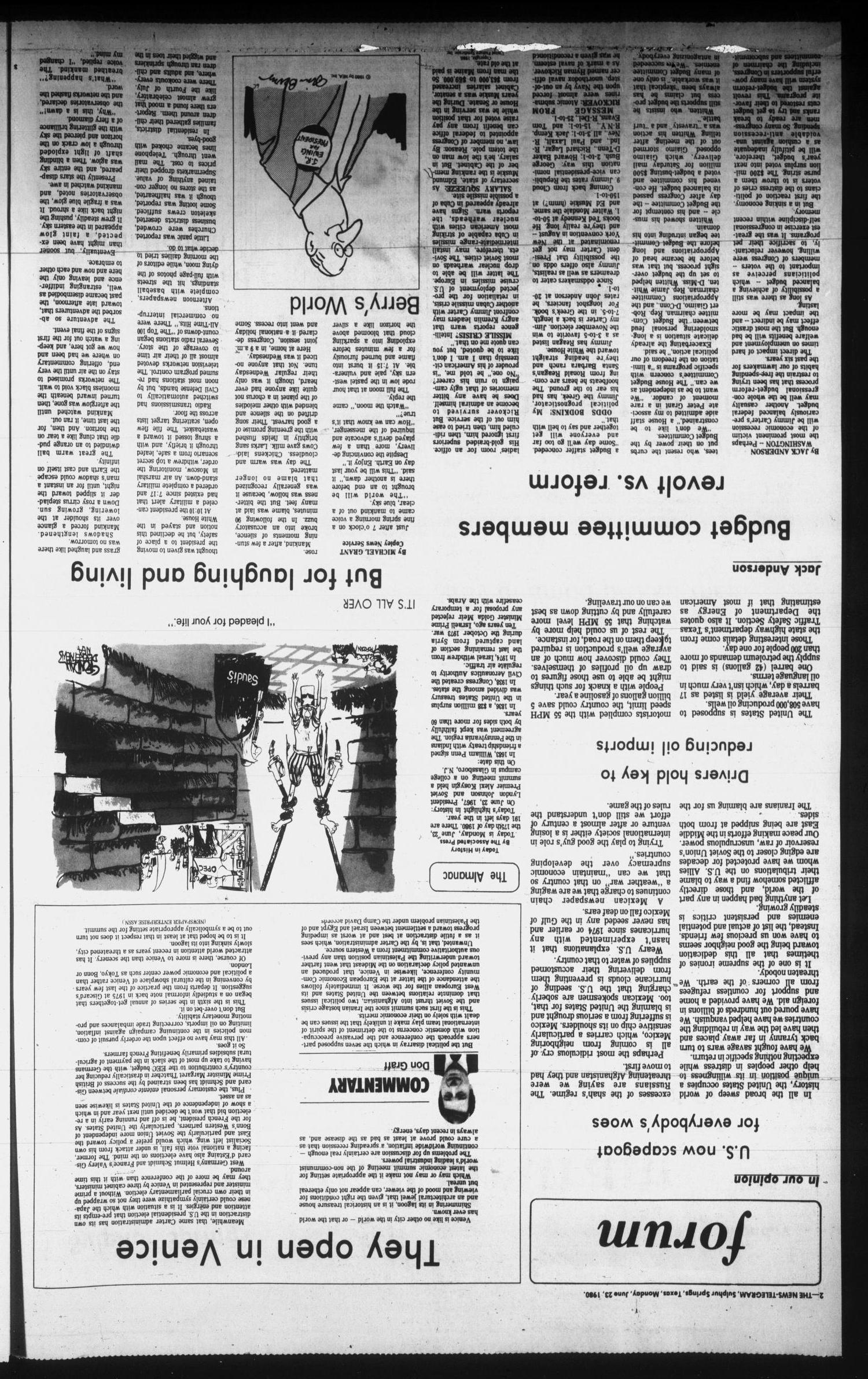 Sulphur Springs News-Telegram (Sulphur Springs, Tex.), Vol. 102, No. 149, Ed. 1 Monday, June 23, 1980
                                                
                                                    [Sequence #]: 2 of 10
                                                