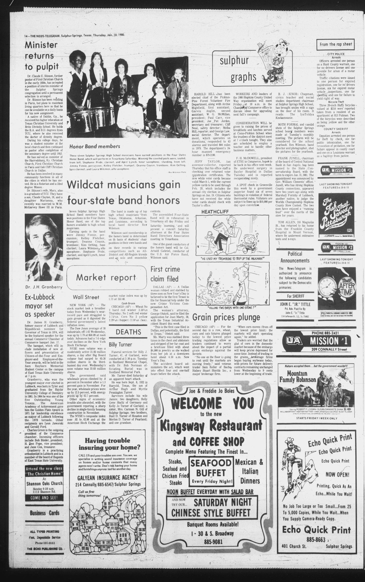 Sulphur Springs News-Telegram (Sulphur Springs, Tex.), Vol. 102, No. 8, Ed. 1 Thursday, January 10, 1980
                                                
                                                    [Sequence #]: 14 of 14
                                                