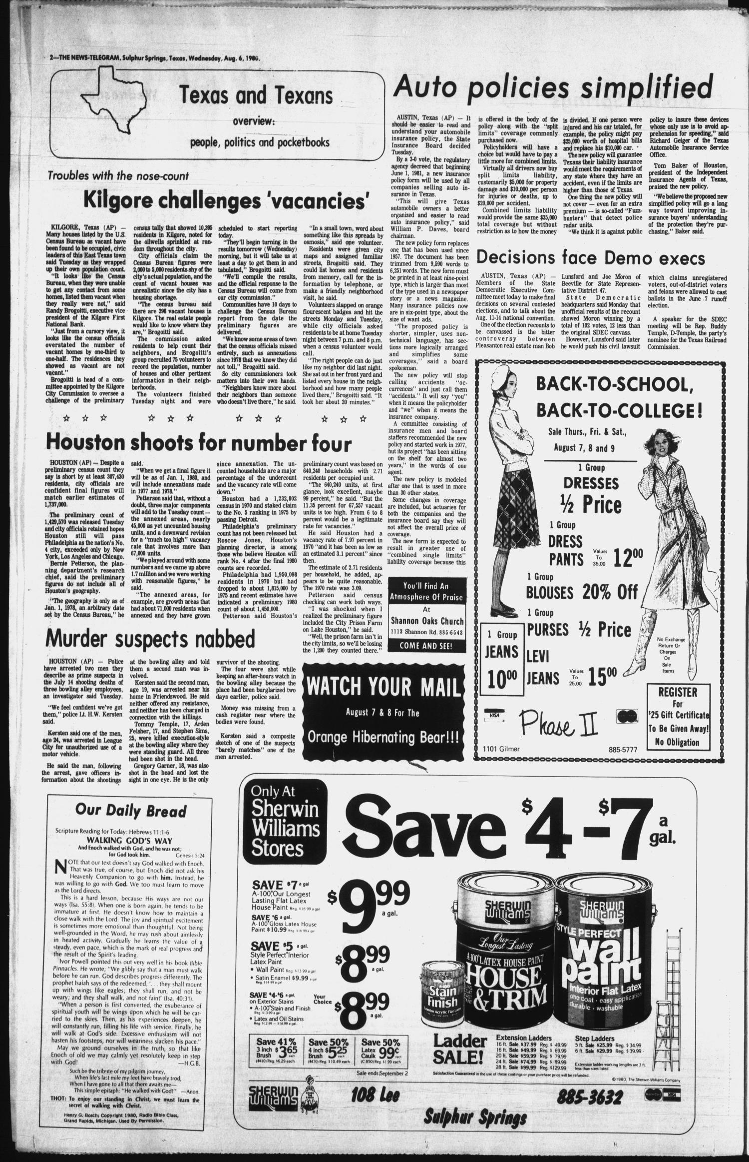 Sulphur Springs News-Telegram (Sulphur Springs, Tex.), Vol. 102, No. 186, Ed. 1 Wednesday, August 6, 1980
                                                
                                                    [Sequence #]: 2 of 16
                                                