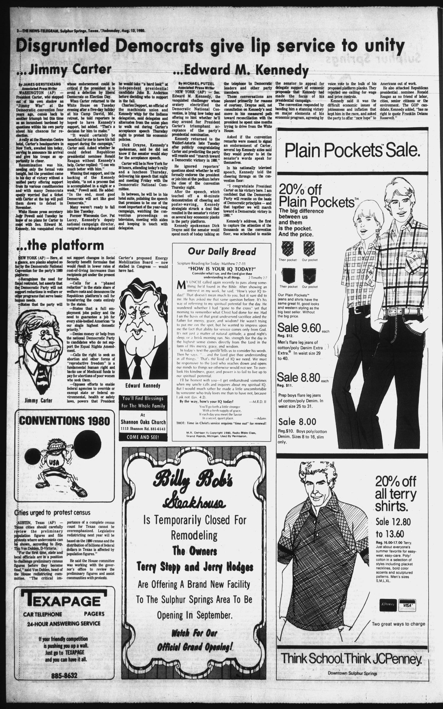 Sulphur Springs News-Telegram (Sulphur Springs, Tex.), Vol. 102, No. 192, Ed. 1 Wednesday, August 13, 1980
                                                
                                                    [Sequence #]: 2 of 16
                                                