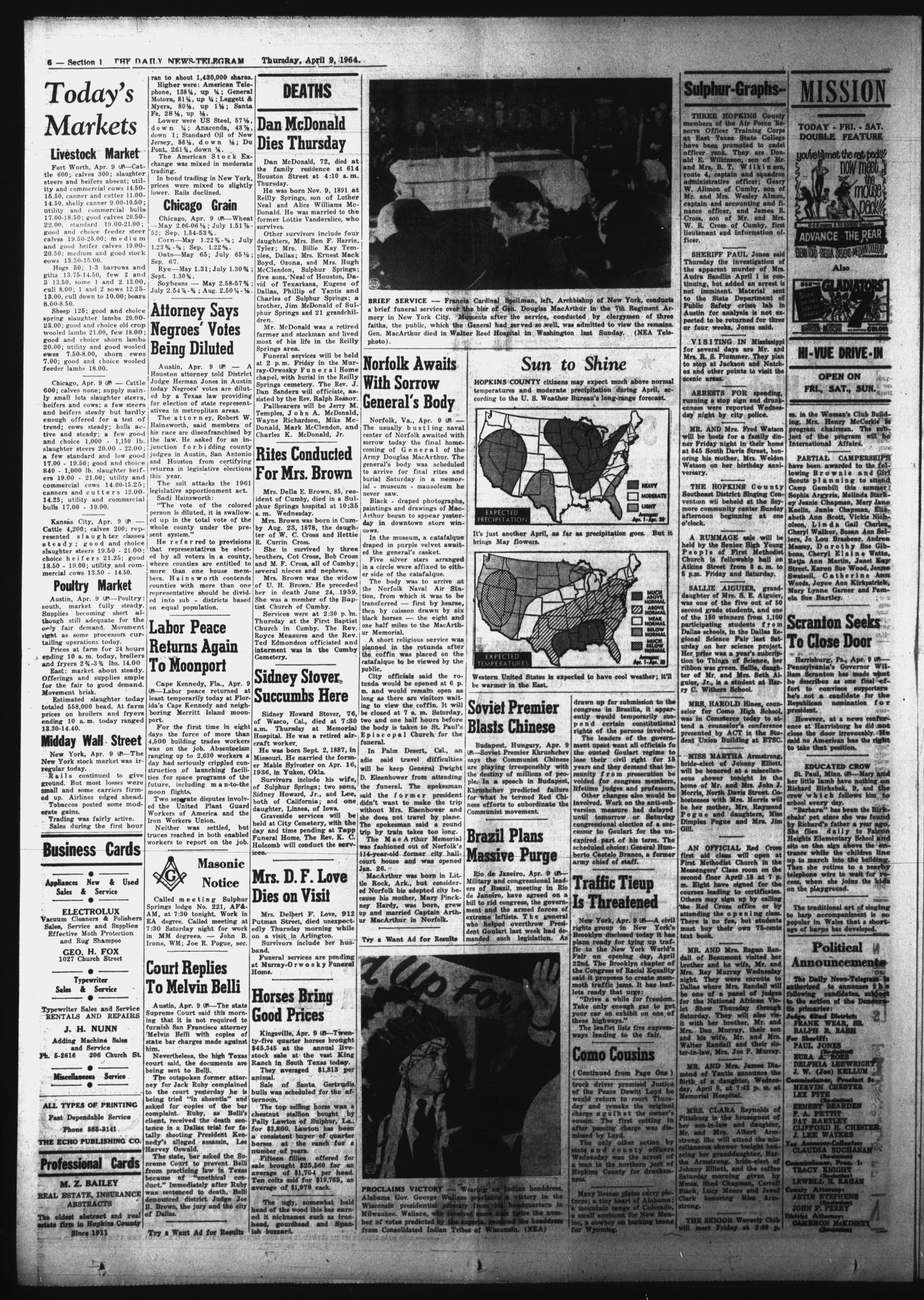 The Daily News-Telegram (Sulphur Springs, Tex.), Vol. 86, No. 83, Ed. 1 Thursday, April 9, 1964
                                                
                                                    [Sequence #]: 6 of 12
                                                