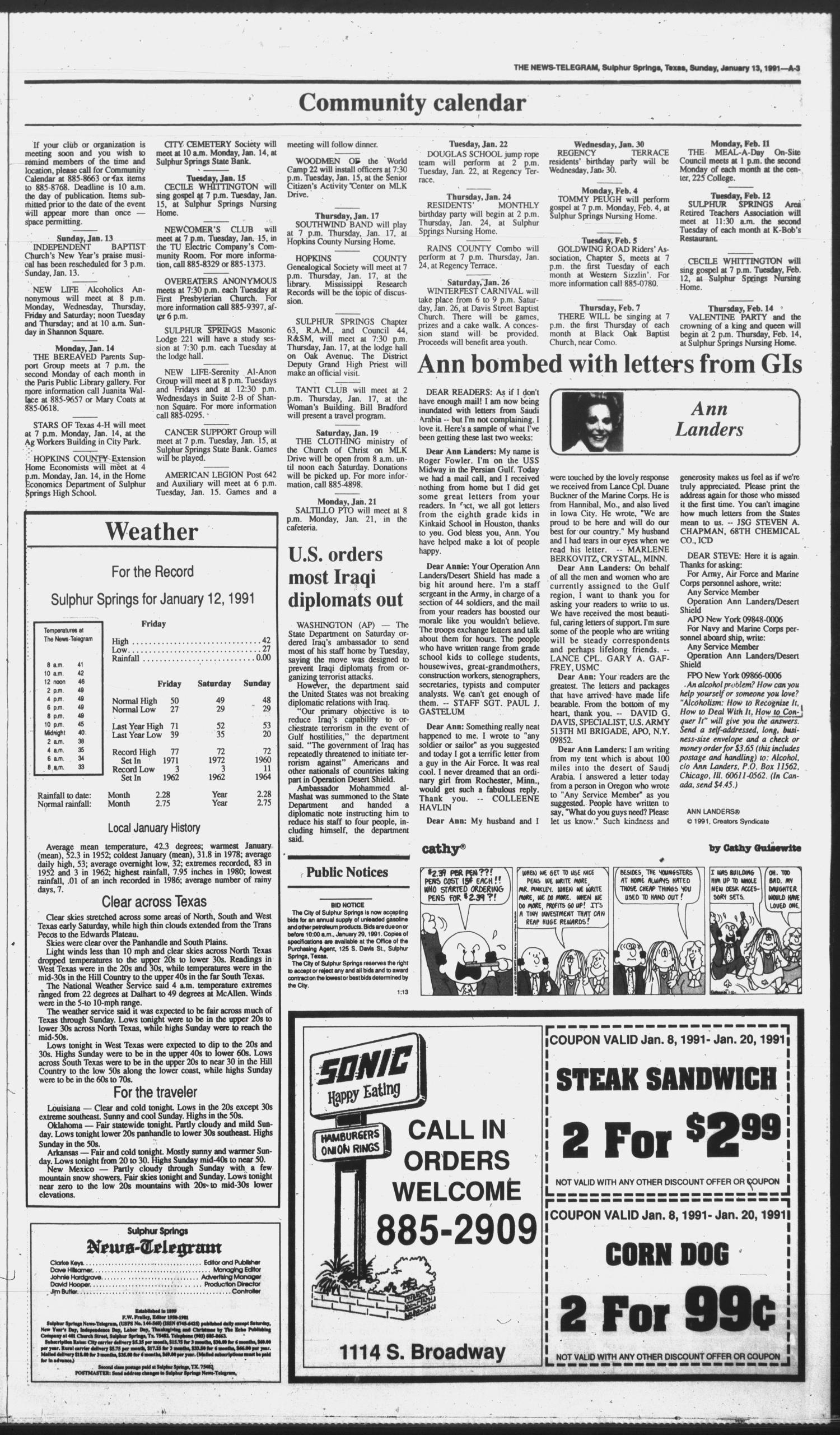 Sulphur Springs News-Telegram (Sulphur Springs, Tex.), Vol. 113, No. 10, Ed. 1 Sunday, January 13, 1991
                                                
                                                    [Sequence #]: 3 of 36
                                                