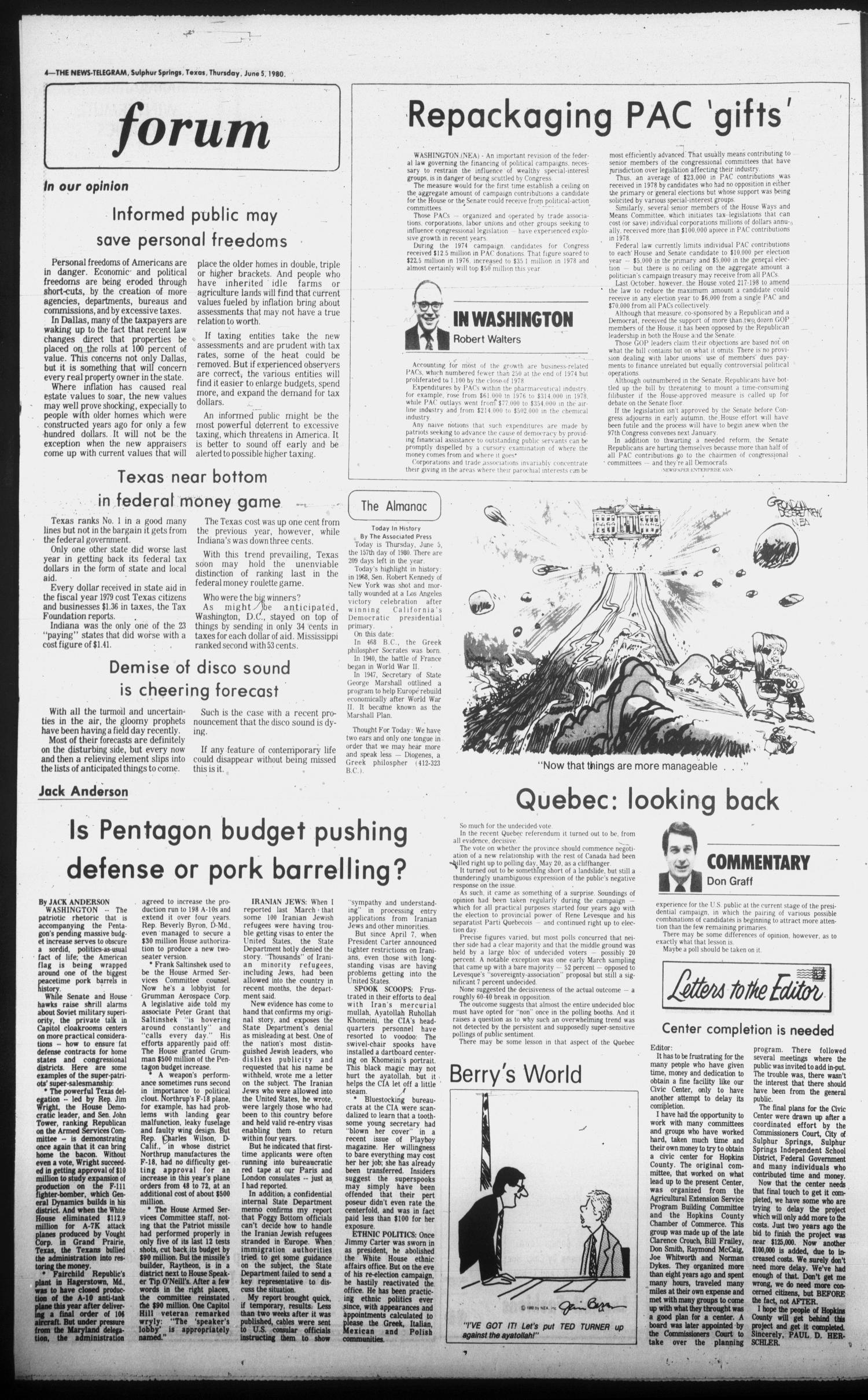 Sulphur Springs News-Telegram (Sulphur Springs, Tex.), Vol. 102, No. 134, Ed. 1 Thursday, June 5, 1980
                                                
                                                    [Sequence #]: 4 of 20
                                                