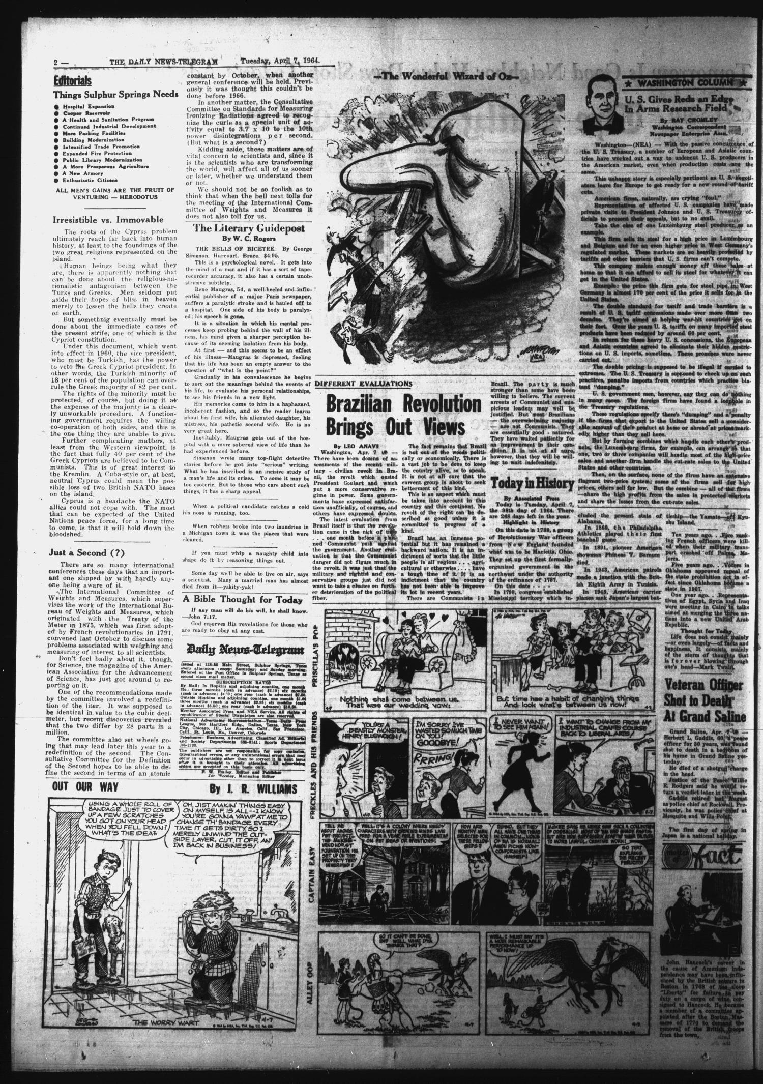 The Daily News-Telegram (Sulphur Springs, Tex.), Vol. 86, No. 81, Ed. 1 Tuesday, April 7, 1964
                                                
                                                    [Sequence #]: 2 of 16
                                                