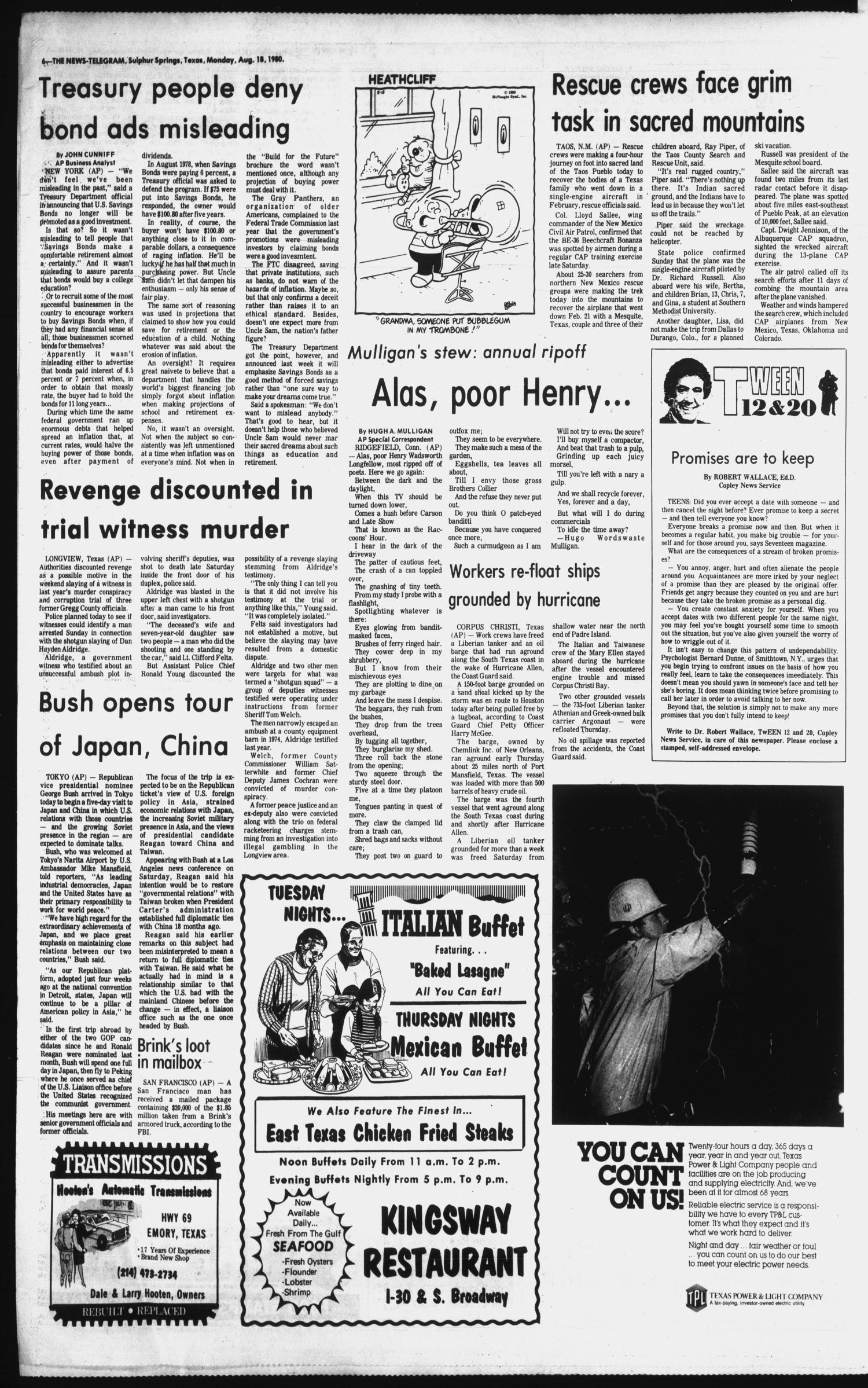 Sulphur Springs News-Telegram (Sulphur Springs, Tex.), Vol. 102, No. 196, Ed. 1 Monday, August 18, 1980
                                                
                                                    [Sequence #]: 6 of 18
                                                