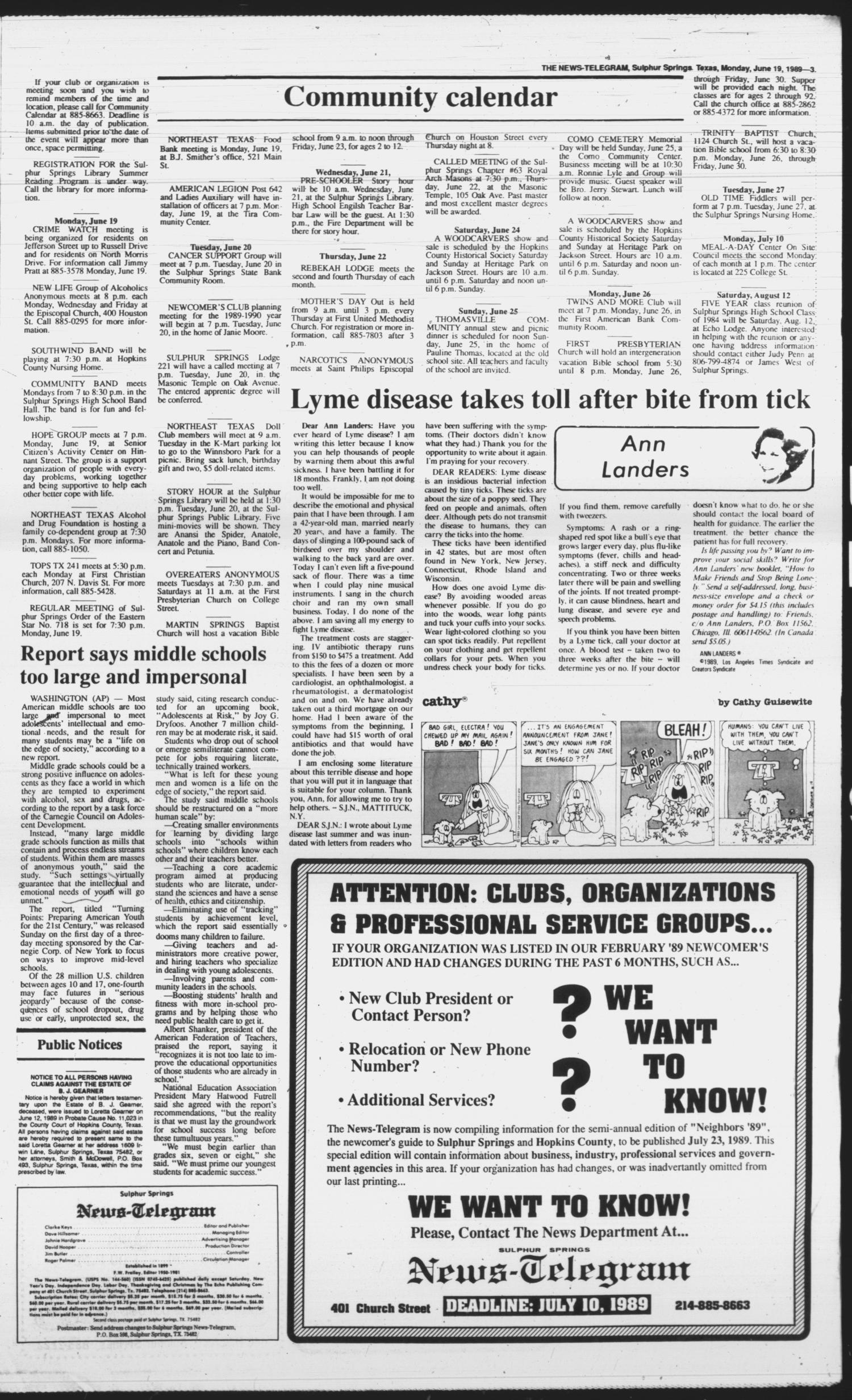 Sulphur Springs News-Telegram (Sulphur Springs, Tex.), Vol. 111, No. 145, Ed. 1 Monday, June 19, 1989
                                                
                                                    [Sequence #]: 3 of 10
                                                