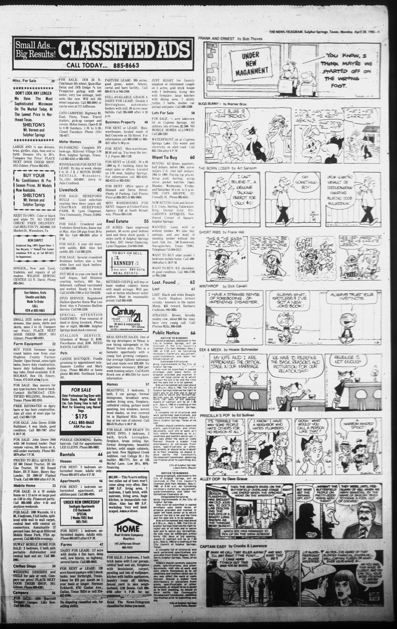 Sulphur Springs News-Telegram (Sulphur Springs, Tex.), Vol. 102, No. 101, Ed. 1 Monday, April 28, 1980
                                                
                                                    [Sequence #]: 9 of 10
                                                