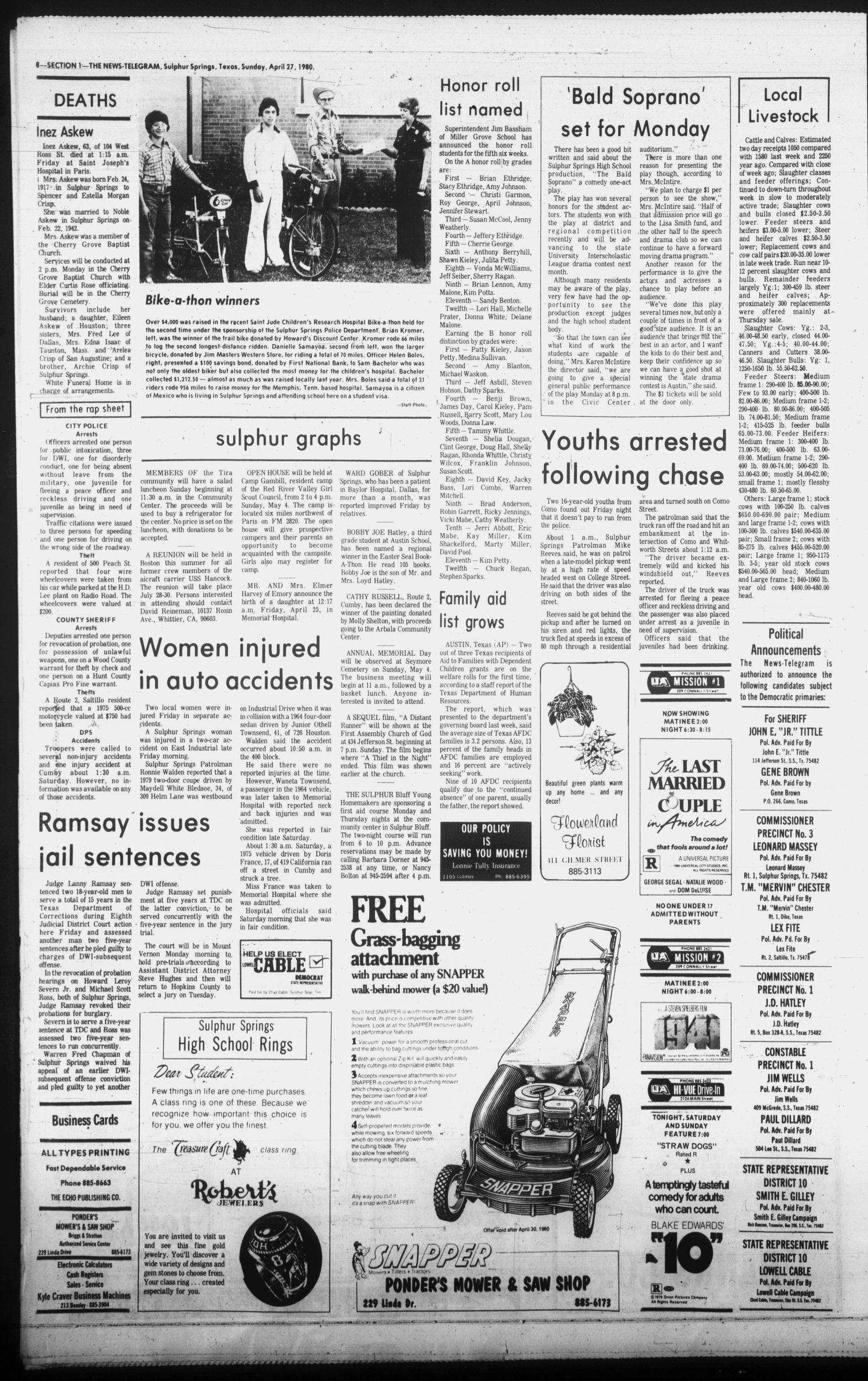 Sulphur Springs News-Telegram (Sulphur Springs, Tex.), Vol. 102, No. 100, Ed. 1 Sunday, April 27, 1980
                                                
                                                    [Sequence #]: 8 of 28
                                                