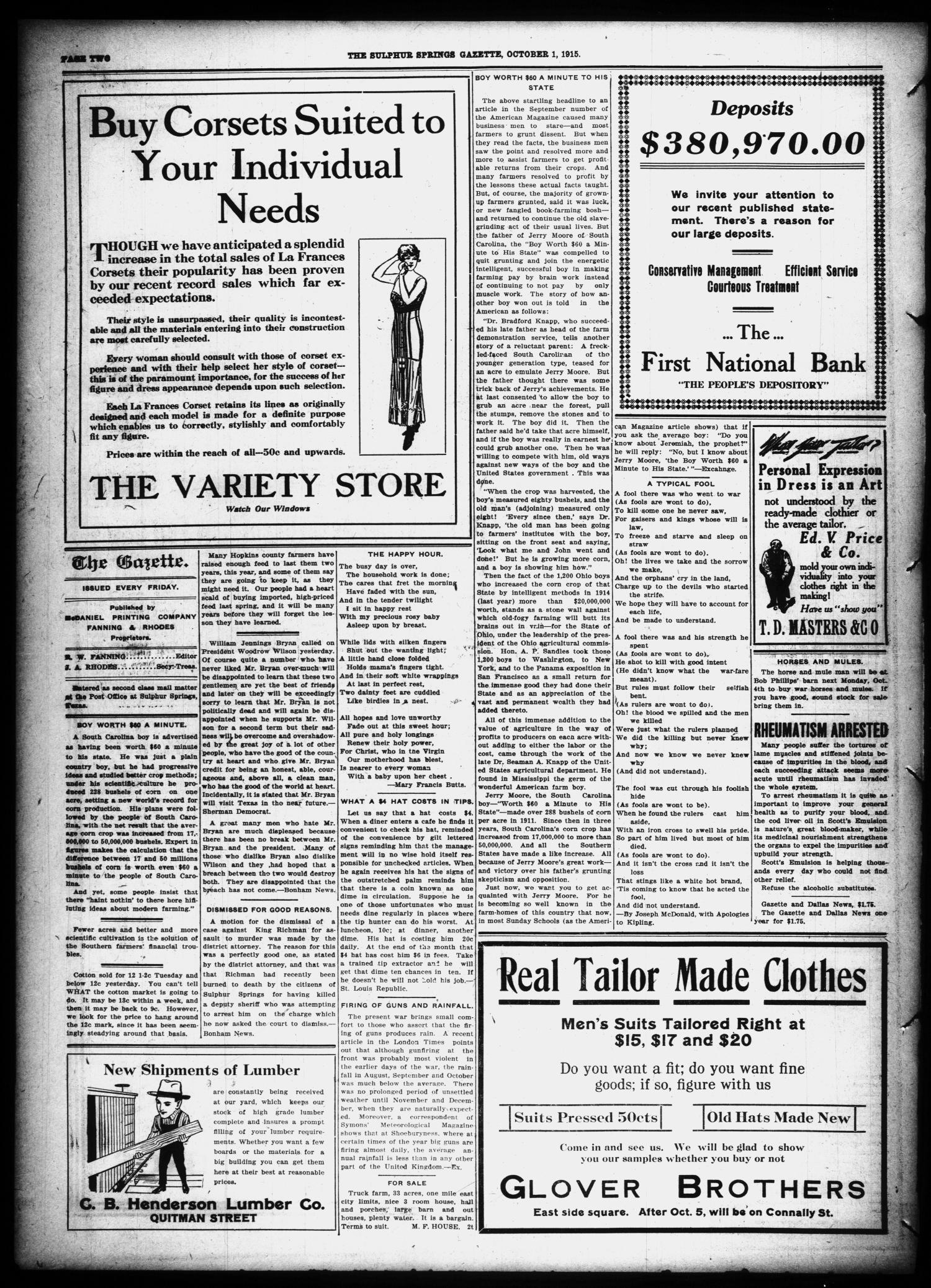The Sulphur Springs Gazette (Sulphur Springs, Tex.), Vol. 53, No. 39, Ed. 1 Friday, October 1, 1915
                                                
                                                    [Sequence #]: 2 of 12
                                                