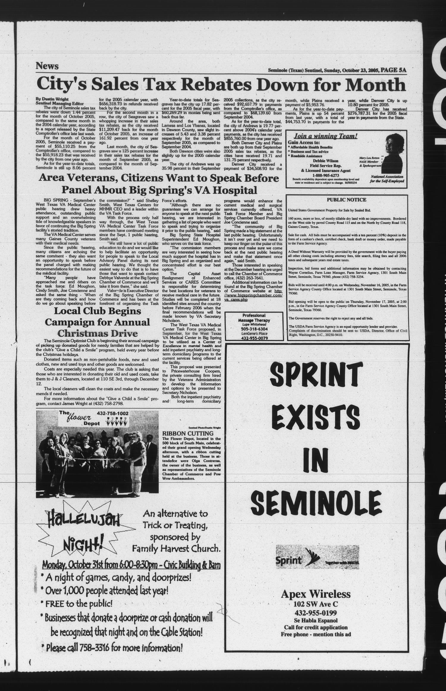 Seminole Sentinel (Seminole, Tex.), Vol. 97, No. 4, Ed. 1 Sunday, October 23, 2005
                                                
                                                    [Sequence #]: 5 of 20
                                                