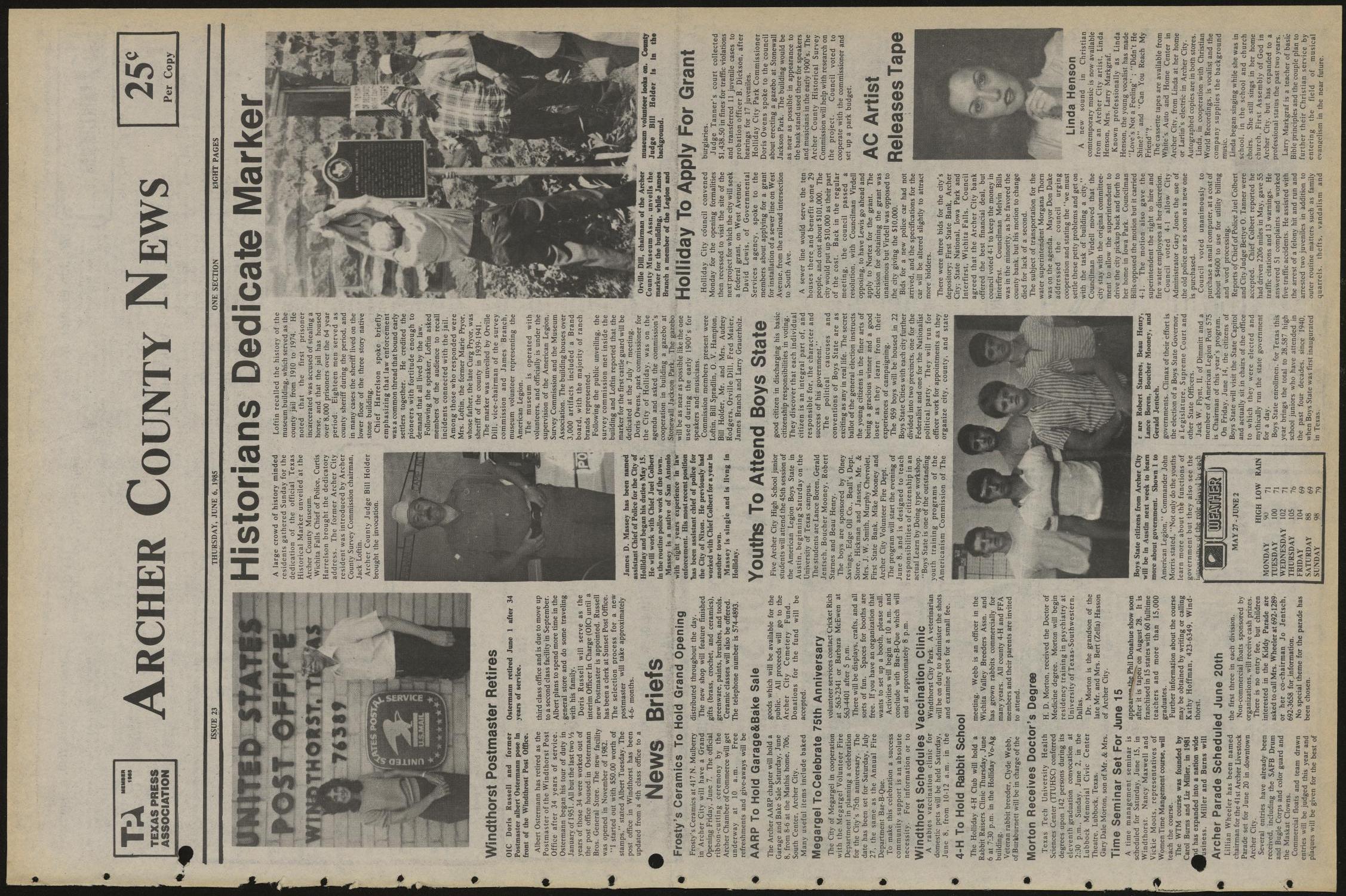 Archer County News (Archer City, Tex.), No. 23, Ed. 1 Thursday, June 6, 1985
                                                
                                                    [Sequence #]: 1 of 8
                                                