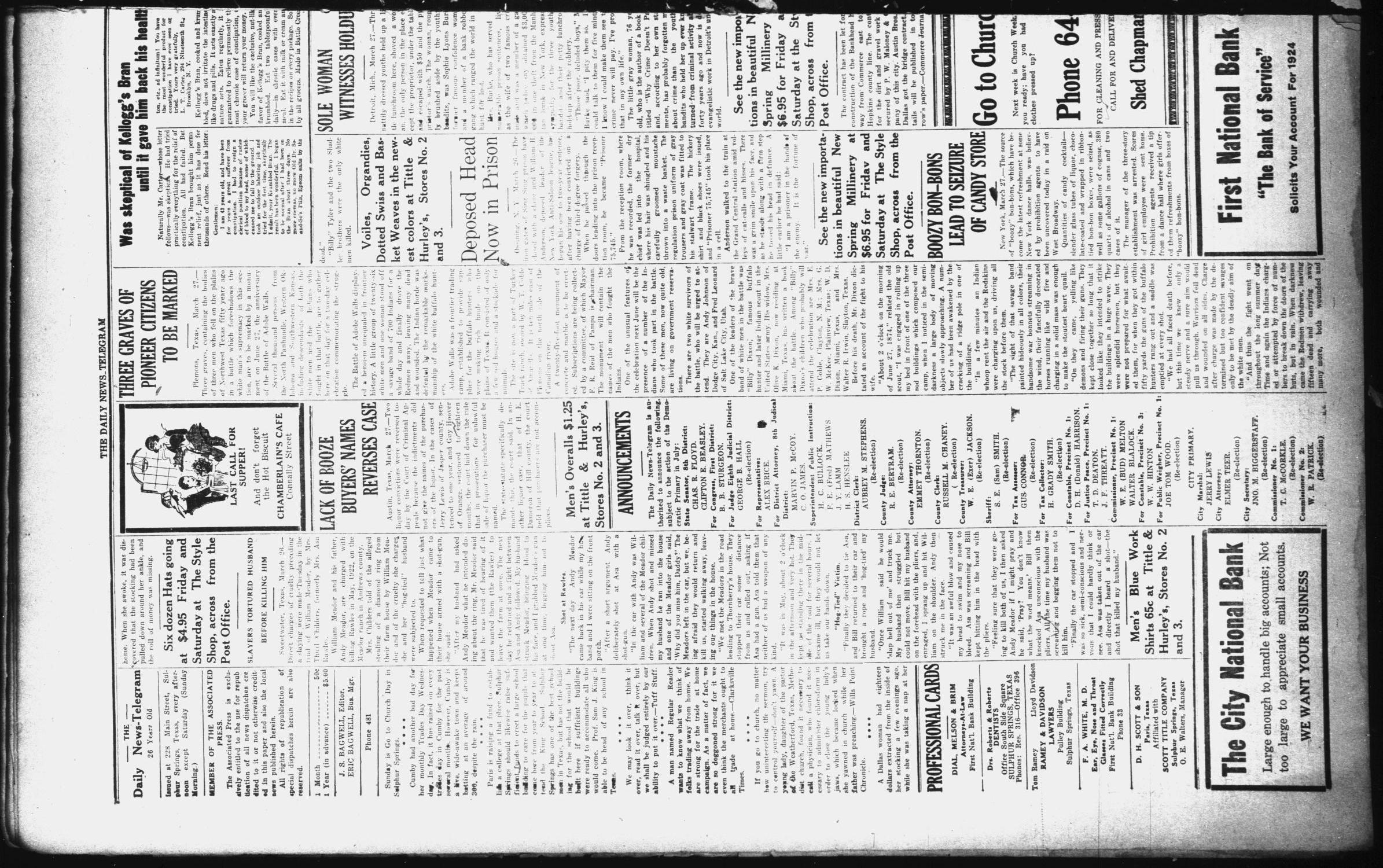 The Daily News-Telegram (Sulphur Springs, Tex.), Vol. 26, No. 75, Ed. 1 Thursday, March 27, 1924
                                                
                                                    [Sequence #]: 2 of 4
                                                