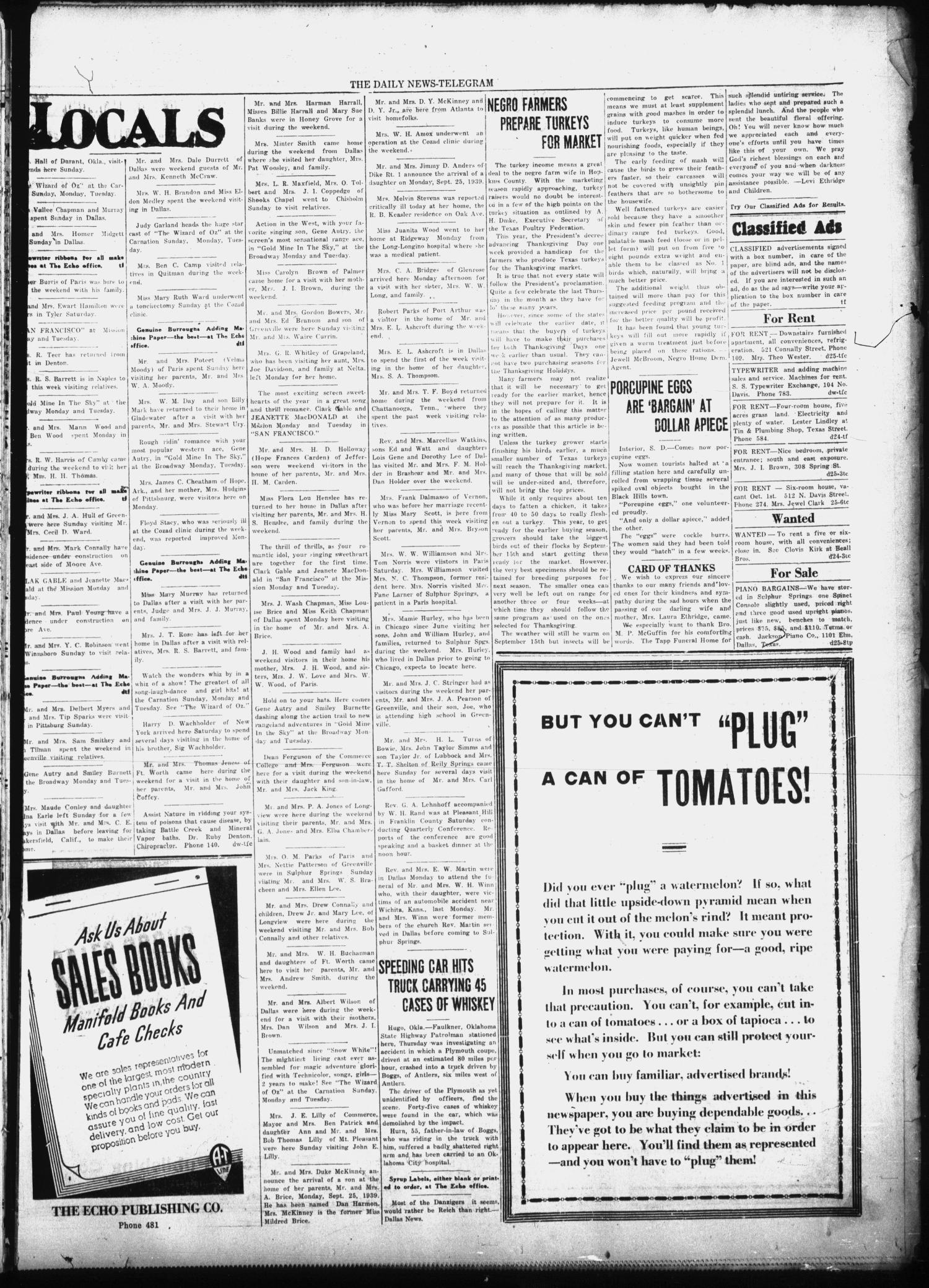 The Daily News-Telegram (Sulphur Springs, Tex.), Vol. 39, No. 228, Ed. 1 Monday, September 25, 1939
                                                
                                                    [Sequence #]: 3 of 4
                                                