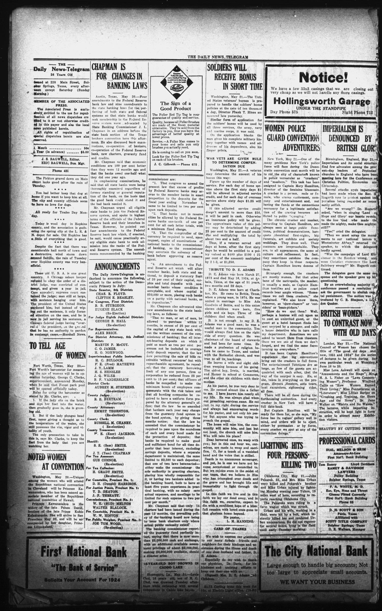 The Daily News-Telegram (Sulphur Springs, Tex.), Vol. 26, No. 122, Ed. 1 Wednesday, May 21, 1924
                                                
                                                    [Sequence #]: 2 of 4
                                                