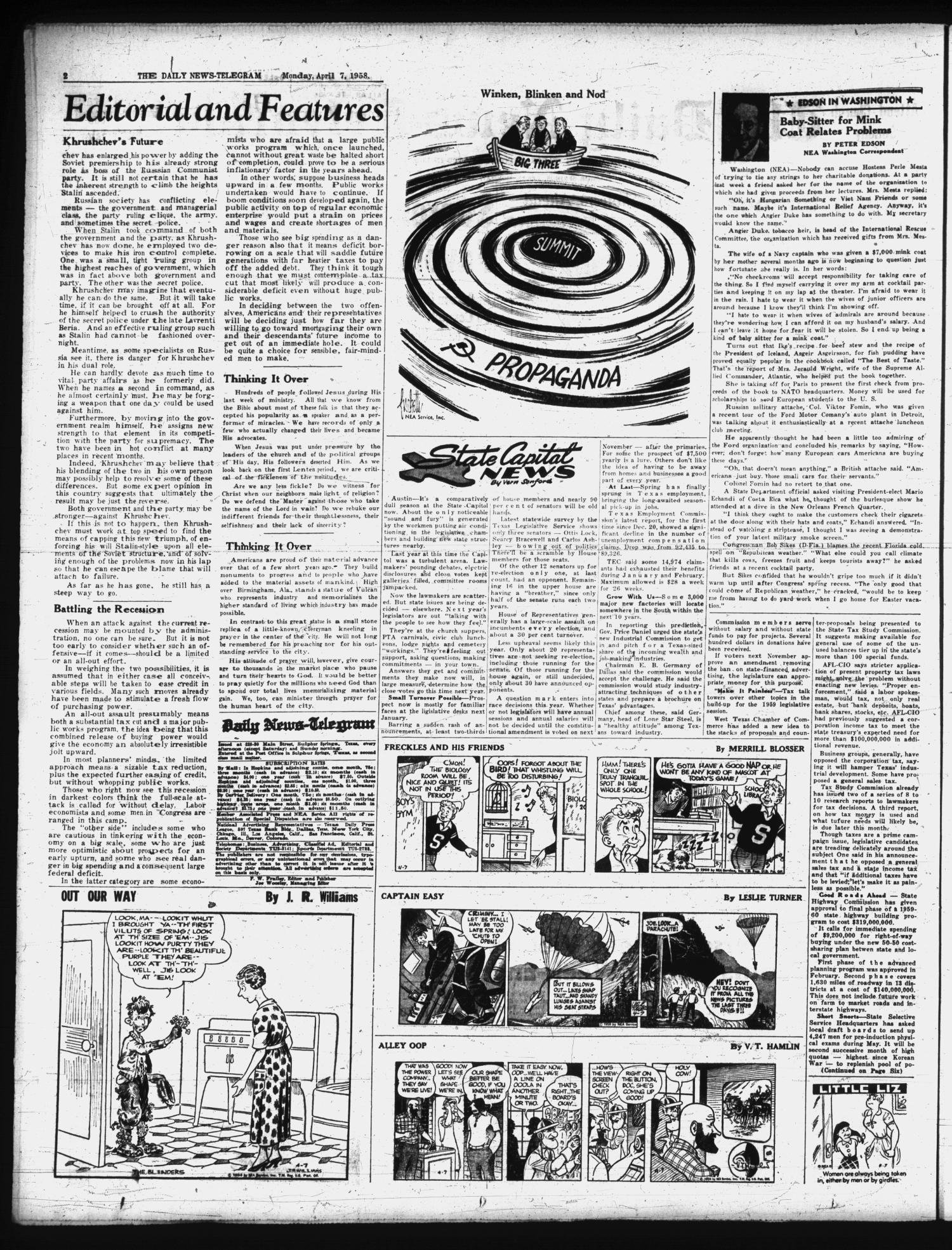 The Daily News-Telegram (Sulphur Springs, Tex.), Vol. 60, No. 81, Ed. 1 Monday, April 7, 1958
                                                
                                                    [Sequence #]: 2 of 6
                                                