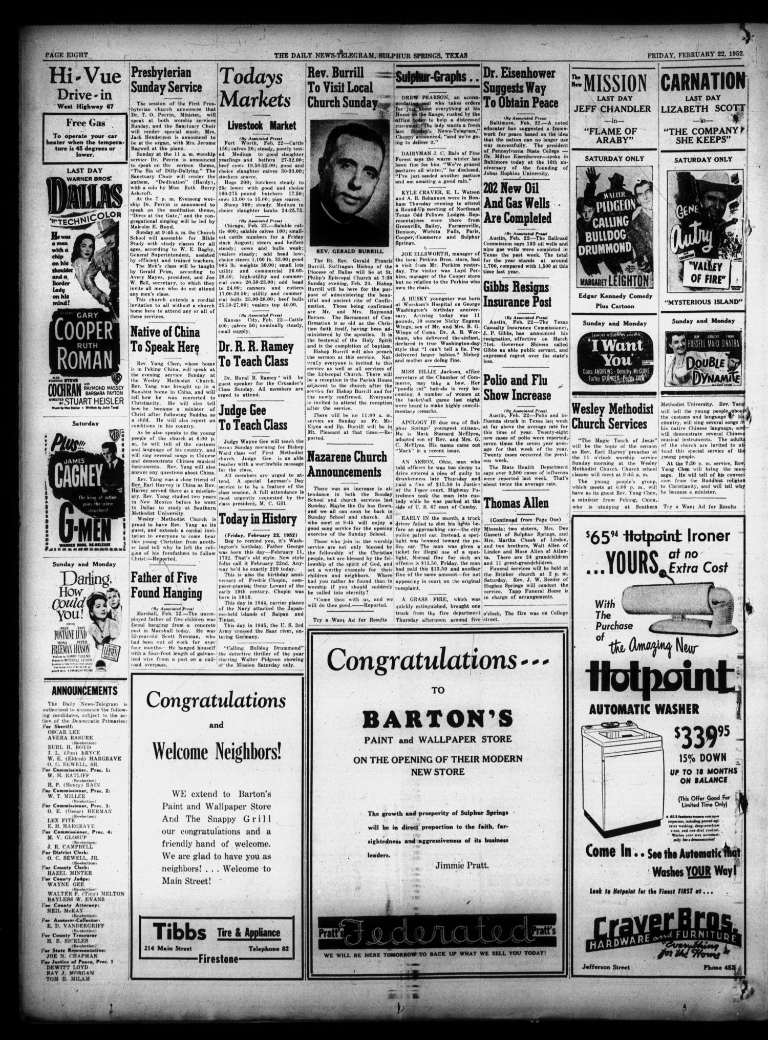 The Daily News-Telegram (Sulphur Springs, Tex.), Vol. 54, No. 45, Ed. 1 Friday, February 22, 1952
                                                
                                                    [Sequence #]: 8 of 8
                                                