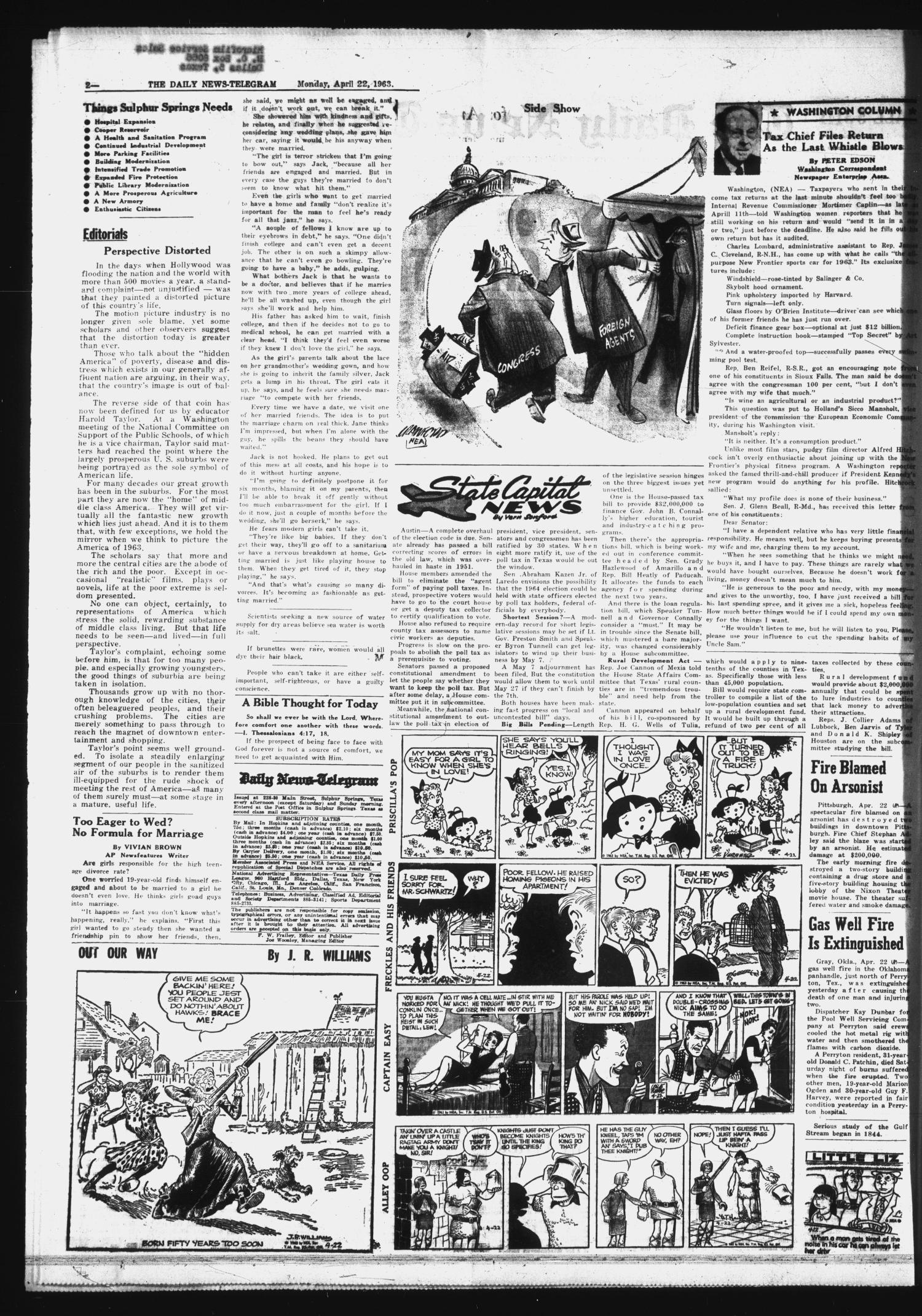 The Daily News-Telegram (Sulphur Springs, Tex.), Vol. 85, No. 94, Ed. 1 Monday, April 22, 1963
                                                
                                                    [Sequence #]: 2 of 6
                                                