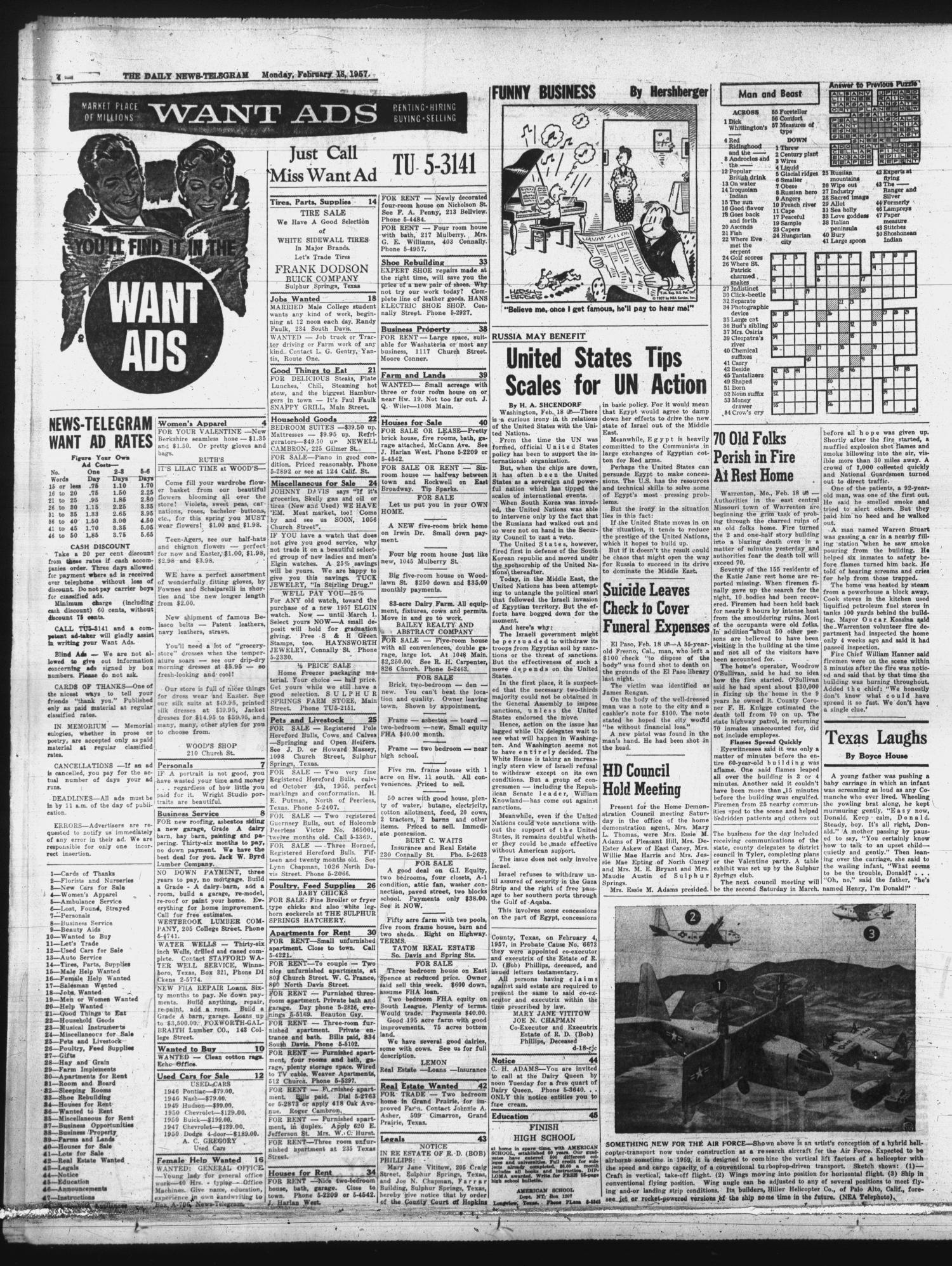 The Daily News-Telegram (Sulphur Springs, Tex.), Vol. 59, No. 41, Ed. 1 Monday, February 18, 1957
                                                
                                                    [Sequence #]: 4 of 6
                                                