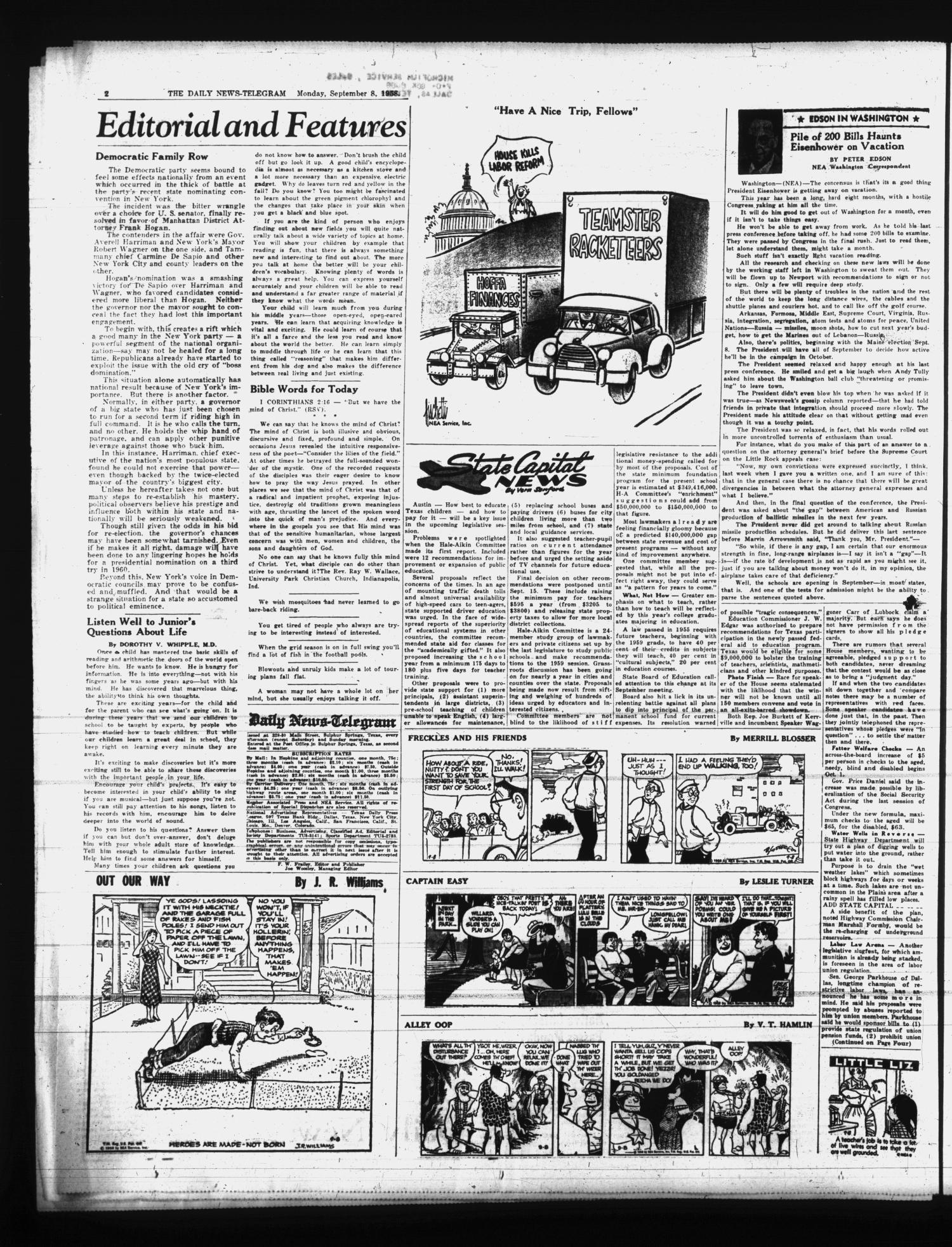 The Daily News-Telegram (Sulphur Springs, Tex.), Vol. 80, No. 221, Ed. 1 Monday, September 8, 1958
                                                
                                                    [Sequence #]: 2 of 6
                                                