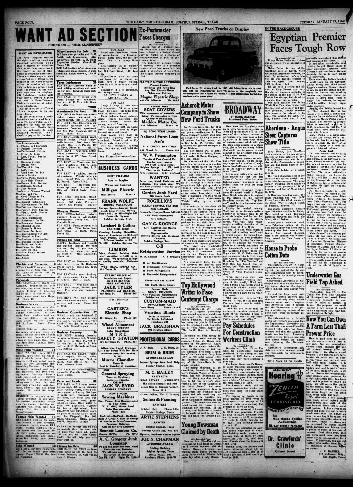 The Daily News-Telegram (Sulphur Springs, Tex.), Vol. 54, No. 24, Ed. 1 Tuesday, January 29, 1952
                                                
                                                    [Sequence #]: 4 of 6
                                                