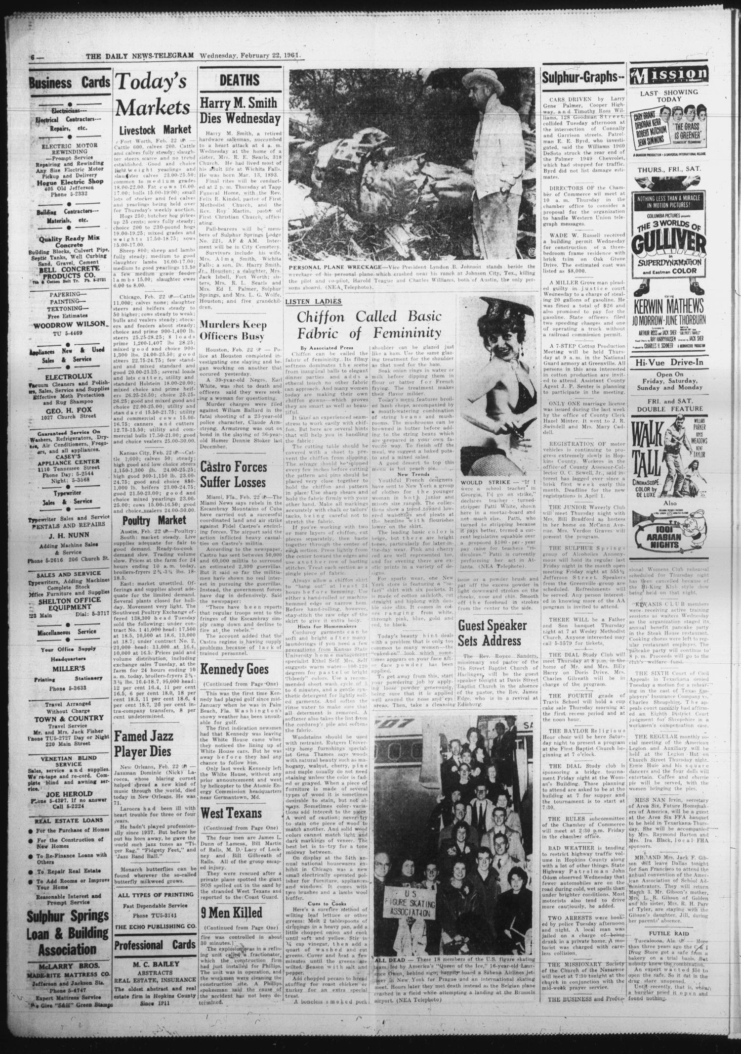 The Daily News-Telegram (Sulphur Springs, Tex.), Vol. 83, No. 45, Ed. 1 Wednesday, February 22, 1961
                                                
                                                    [Sequence #]: 6 of 6
                                                