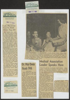 Primary view of object titled '[Newspaper clippings about Dr. May Owen, President of the Texas Medical Association]'.