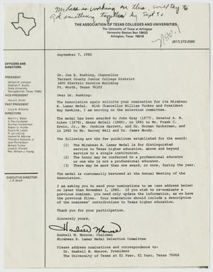 Primary view of object titled '[Letter from Dr. Haskell M. Monroe to Dr. Joe B. Rushing, September 7, 1982]'.