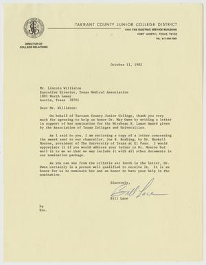 Primary view of object titled '[Letter from Mr. Bill Lace to Mr. Lincoln Williston, October 11, 1982]'.