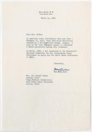 Primary view of object titled '[Letter from Dr. May Owen to Mrs. Sue Brandt McBee, March 24, 1960]'.