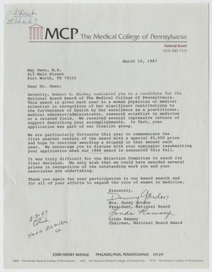 Primary view of object titled '[Letter from Mrs. Denny Gordon to Dr. May Owen, March 16, 1987]'.