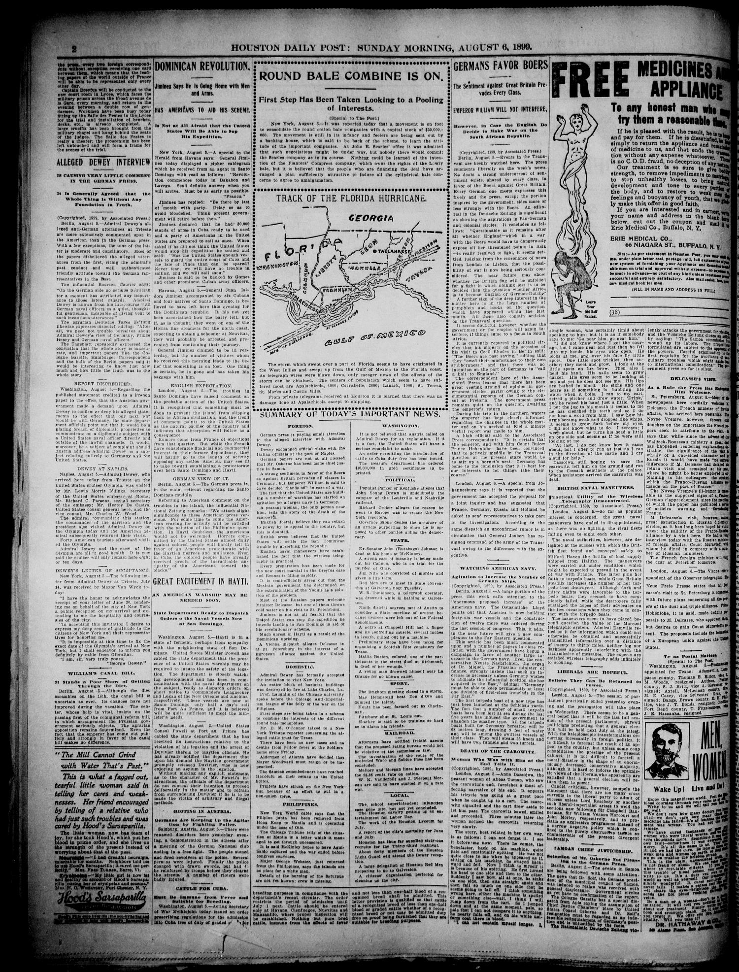 The Houston Daily Post (Houston, Tex.), Vol. XVTH YEAR, No. 124, Ed. 1, Sunday, August 6, 1899
                                                
                                                    [Sequence #]: 2 of 16
                                                