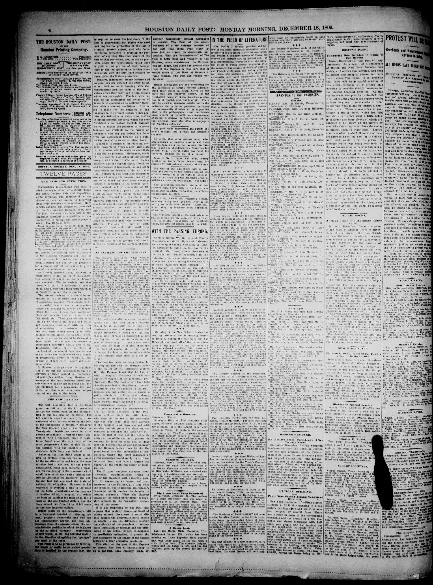 The Houston Daily Post (Houston, Tex.), Vol. XVTH YEAR, No. 258, Ed. 1, Monday, December 18, 1899
                                                
                                                    [Sequence #]: 4 of 12
                                                