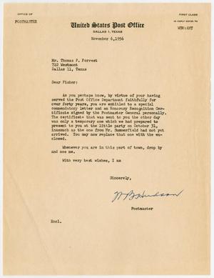 Primary view of object titled '[Letter from W. B. Hudson to Thomas F. Forrest, November 6, 1956]'.