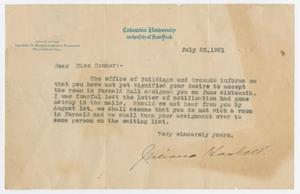 Primary view of object titled '[Letter from the Office of the Adviser to Women Graduate Students to Lorraine Conner, July 22, 1921]'.