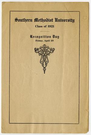 Primary view of object titled '[Program: Southern Methodist University Recognition Day, April 29, 1921]'.