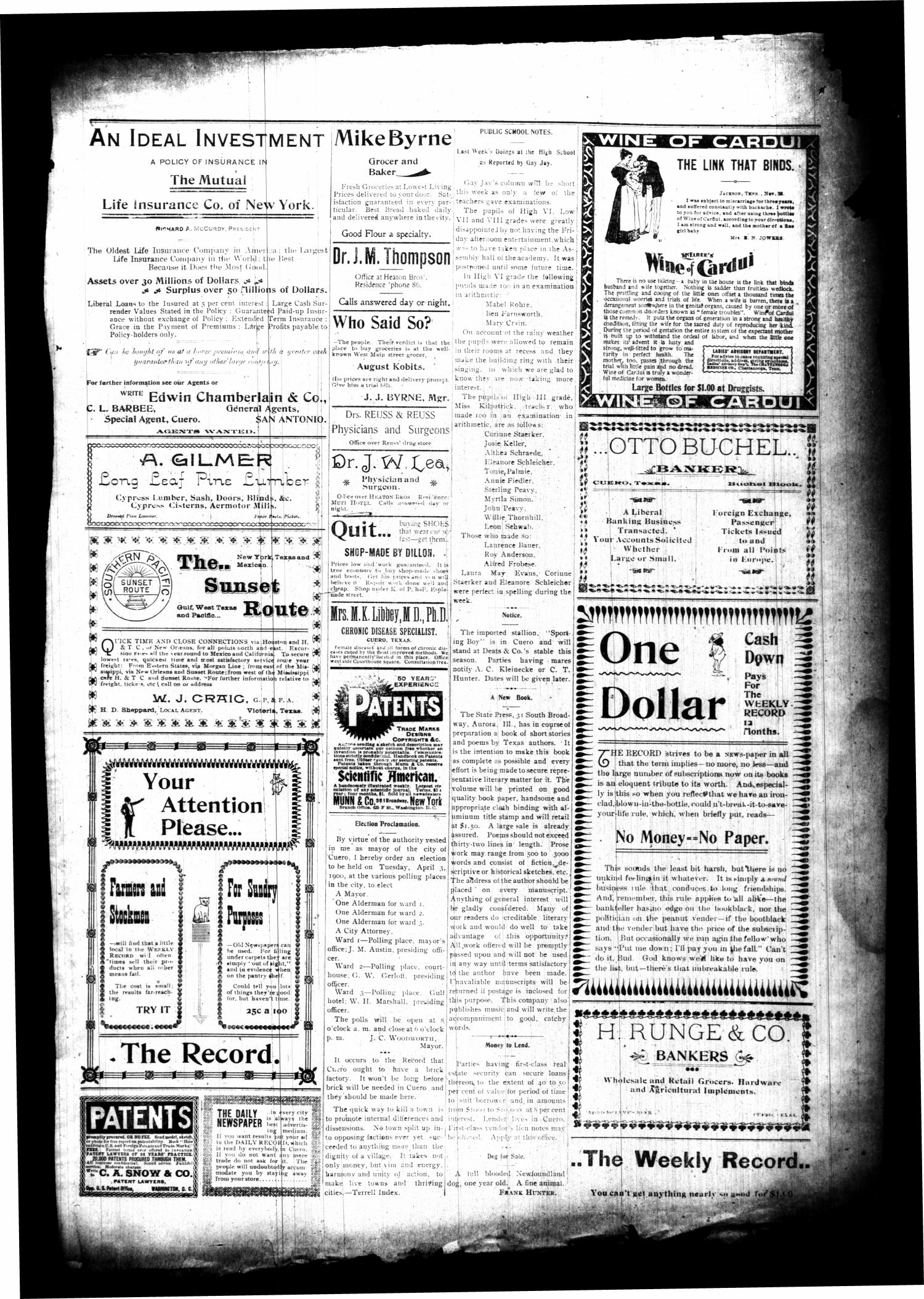 The Cuero Daily Record. (Cuero, Tex.), Vol. 12, No. 63, Ed. 1 Sunday, March 25, 1900
                                                
                                                    [Sequence #]: 3 of 4
                                                