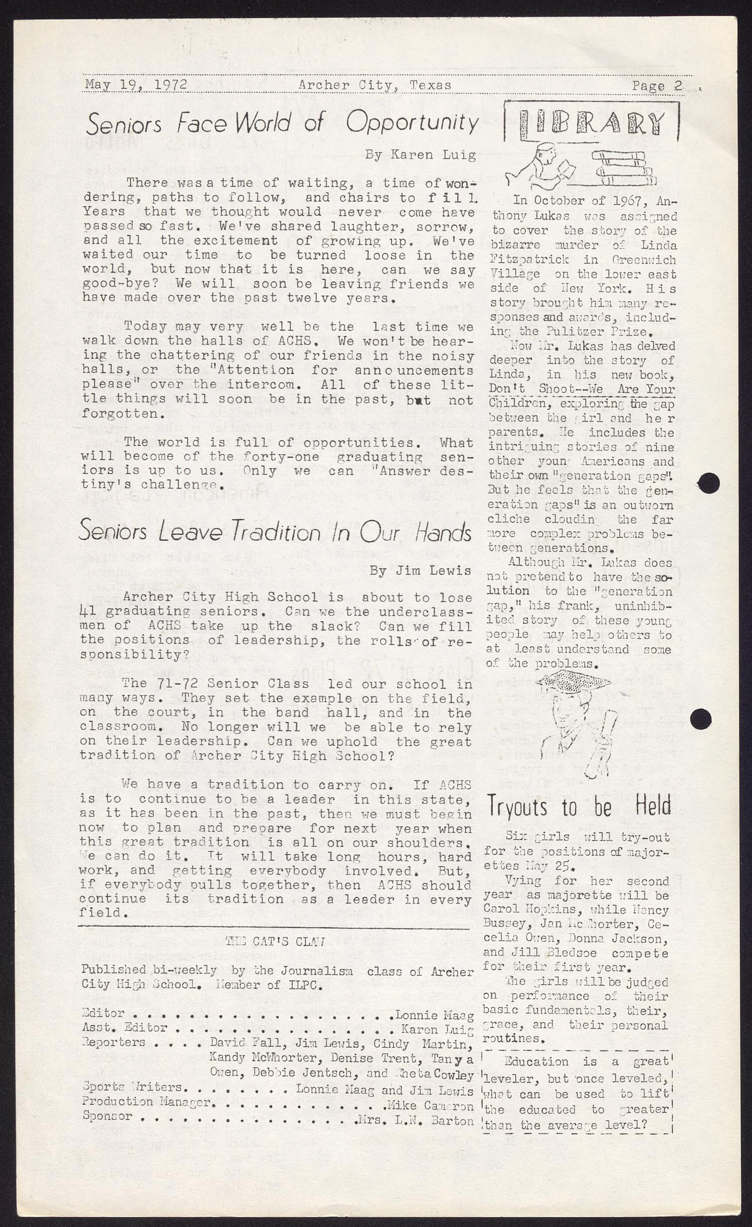 The Cats Claw (Archer City, Tex.), Vol. 30, No. 14, Ed. 1 Friday, May 19, 1972
                                                
                                                    [Sequence #]: 4 of 6
                                                