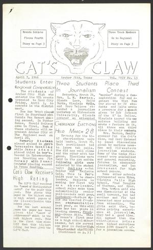Primary view of object titled 'Cat's Claw (Archer City, Tex.), Vol. 24, No. 13, Ed. 1 Thursday, April 7, 1966'.