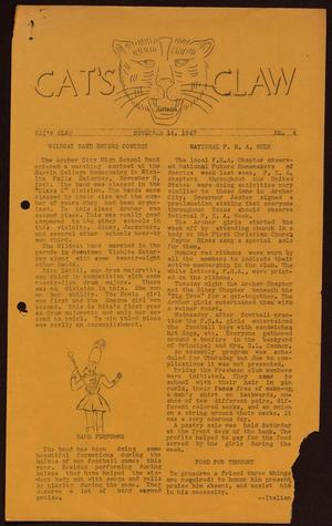 Primary view of object titled 'Cat's Claw (Archer City, Tex.), Vol. 6, No. 4, Ed. 1 Friday, November 14, 1947'.