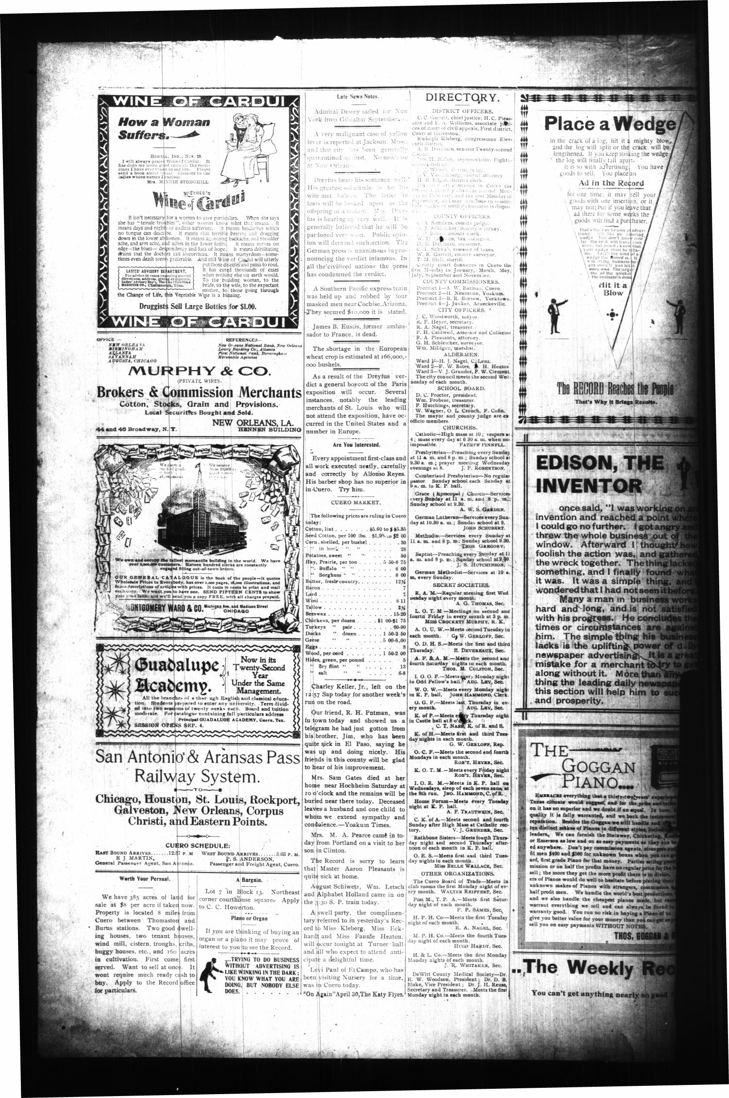 The Cuero Daily Record. (Cuero, Tex.), Vol. 11, No. [56], Ed. 1 Monday, September 11, 1899
                                                
                                                    [Sequence #]: 4 of 4
                                                