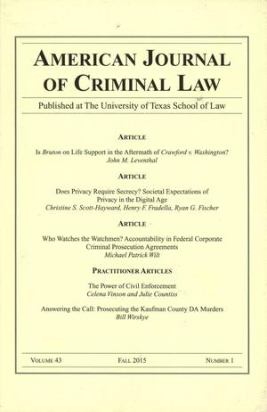 Primary view of object titled 'American Journal of Criminal Law, Volume 43, Number 1, Fall 2015'.