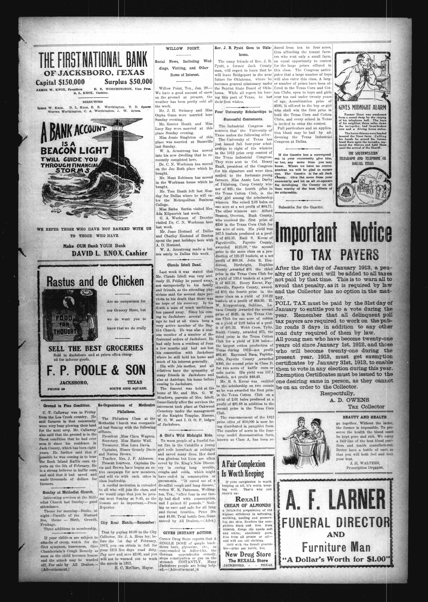 Jacksboro Gazette (Jacksboro, Tex.), Vol. 33, No. 34, Ed. 1 Thursday, January 23, 1913
                                                
                                                    [Sequence #]: 3 of 8
                                                