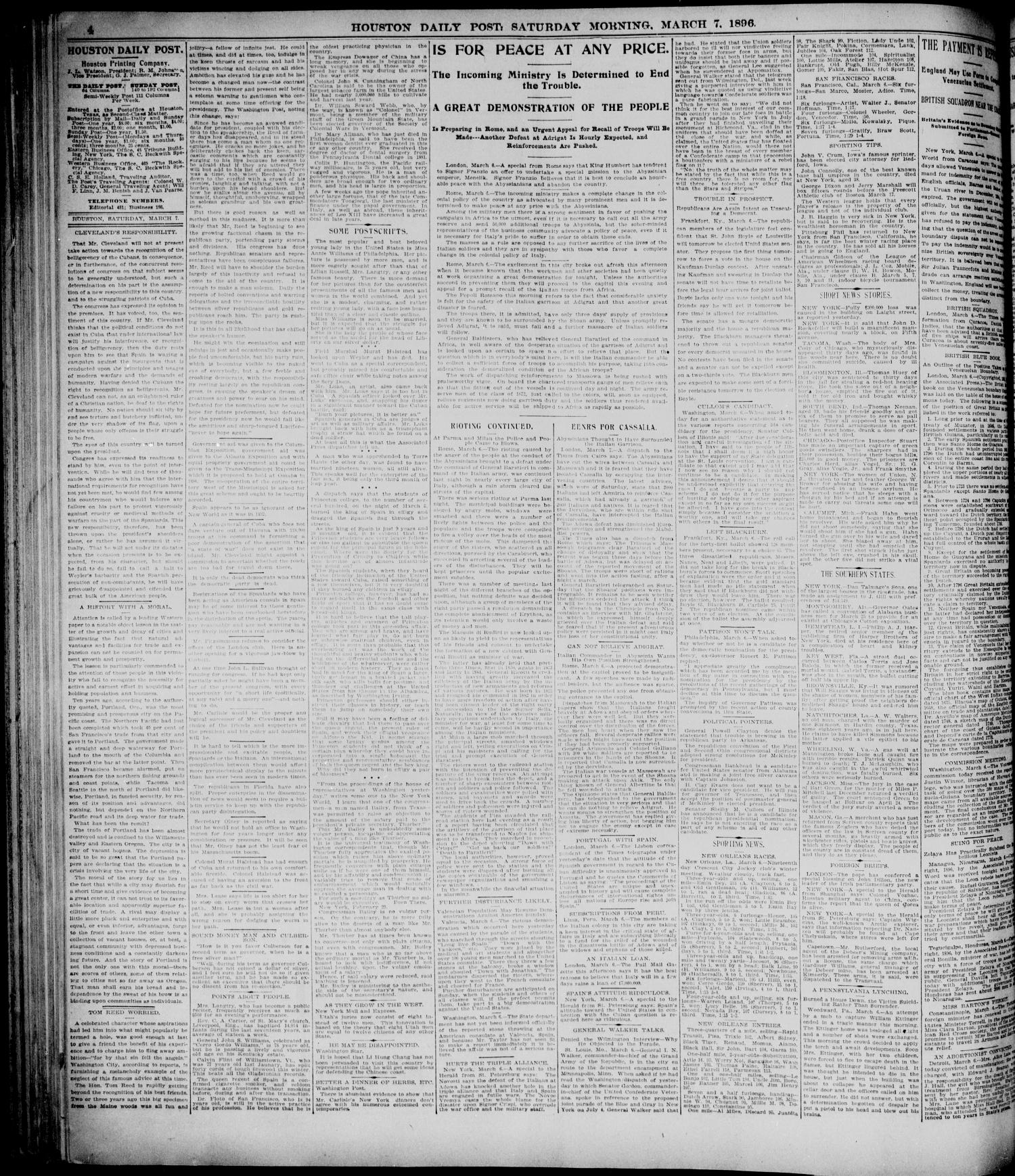 The Houston Daily Post (Houston, Tex.), Vol. ELEVENTH YEAR, No. 338, Ed. 1, Saturday, March 7, 1896
                                                
                                                    [Sequence #]: 4 of 8
                                                