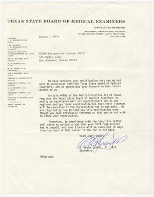 Primary view of object titled '[Letter from A. Bryan Spires, Jr. to Edith Marguerite Bonnet, March 1, 1974]'.